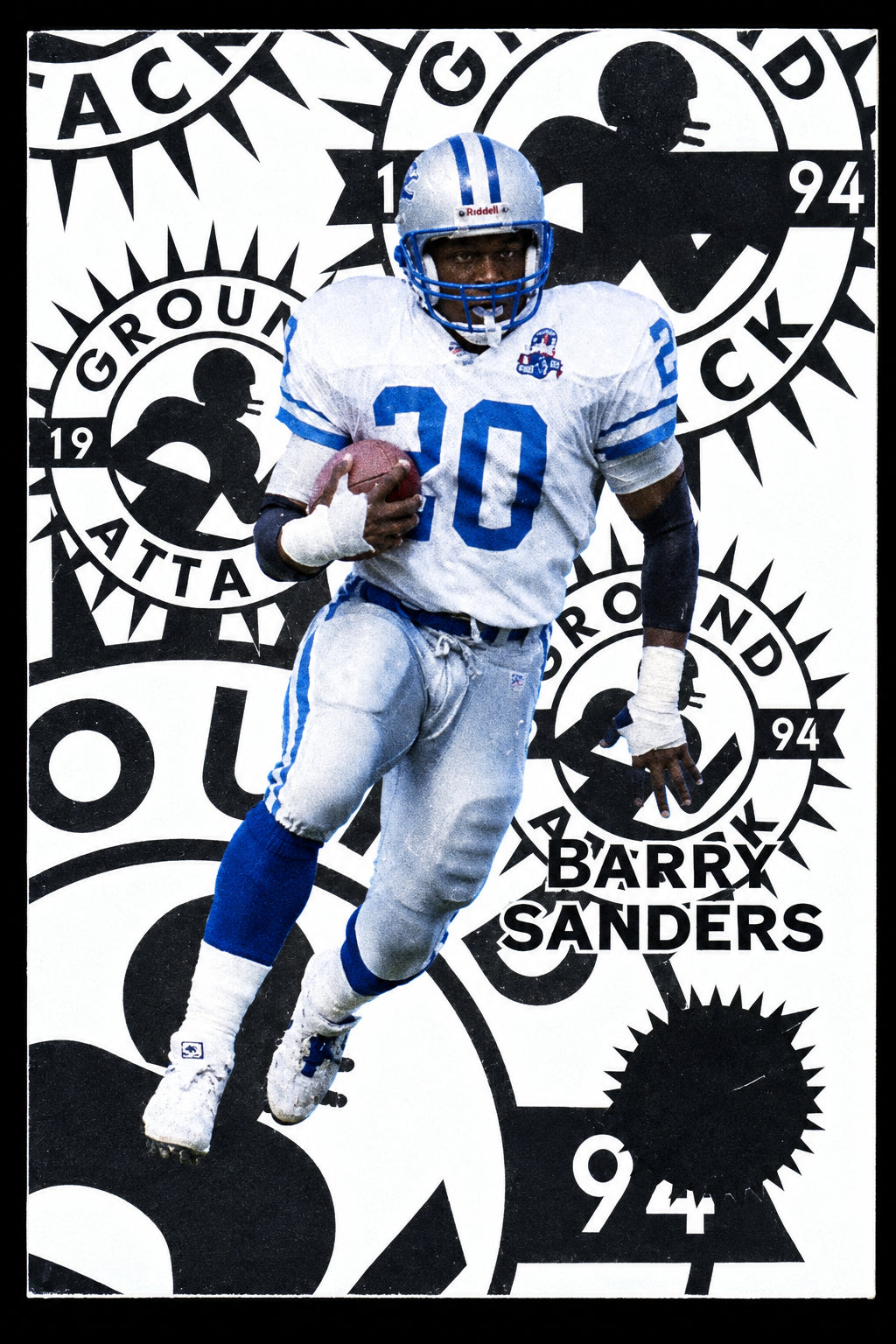 A vintage football trading card featuring a Barry Sanders in a gray uniform with the number 30, set against a black-and-white graphic background with the text 'Ground Attack' and 'Barry Sanders 94'.