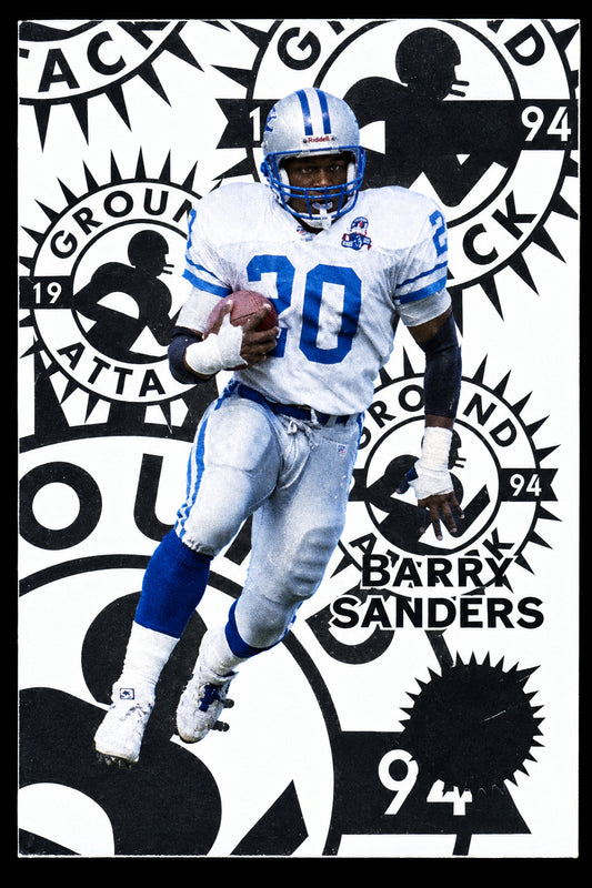 A vintage football trading card featuring a Barry Sanders in a gray uniform with the number 30, set against a black-and-white graphic background with the text 'Ground Attack' and 'Barry Sanders 94'.