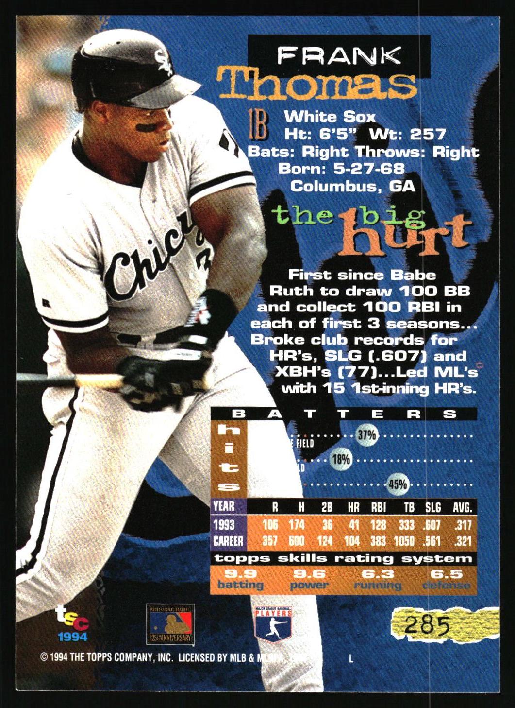 A vintage baseball trading card featuring Frank Thomas of the Chicago White Sox. The card shows a photo of Thomas in a batting stance, with player statistics, career highlights, and a skills rating system printed on a blue and black background.