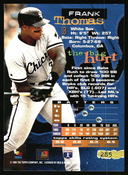 A vintage baseball trading card featuring Frank Thomas of the Chicago White Sox. The card shows a photo of Thomas in a batting stance, with player statistics, career highlights, and a skills rating system printed on a blue and black background.
