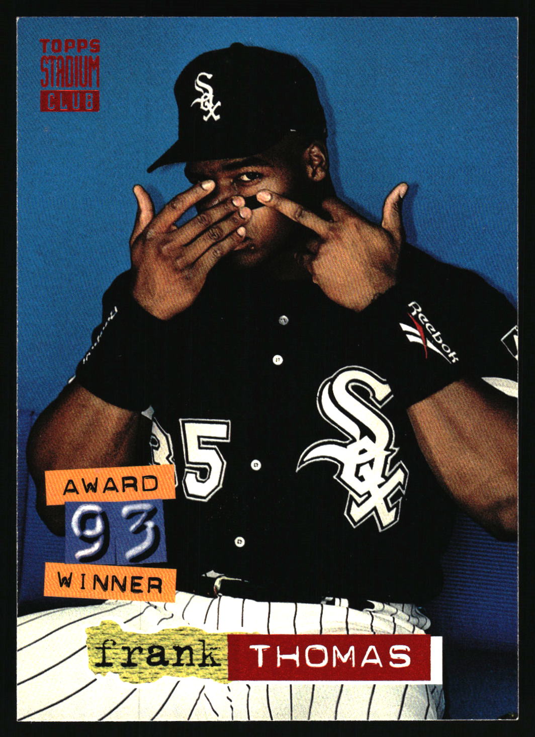 A vintage Topps Stadium Leaders baseball trading card featuring Frank Thomas in a black Chicago White Sox uniform and cap against a blue background, with 'Award Winner 93' text and his name printed on the card.