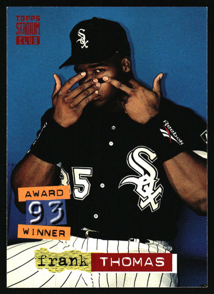A vintage Topps Stadium Leaders baseball trading card featuring Frank Thomas in a black Chicago White Sox uniform and cap against a blue background, with 'Award Winner 93' text and his name printed on the card.