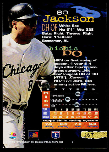 A baseball trading card featuring player information for Jackson, and a large photo of him in a white Chicago uniform against a dark background with statistics and team logos.