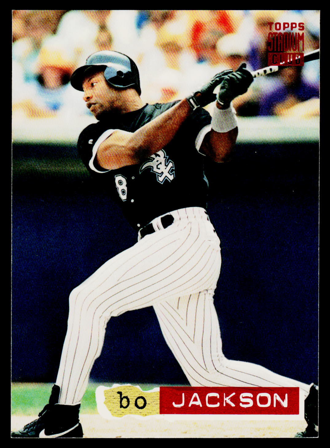 A vintage Topps Stadium Series baseball trading card featuring Bo Jackson in a batting pose. The card shows Jackson in a black Chicago White Sox jersey and pinstriped pants, with the Topps logo in the upper right and his name at the bottom.