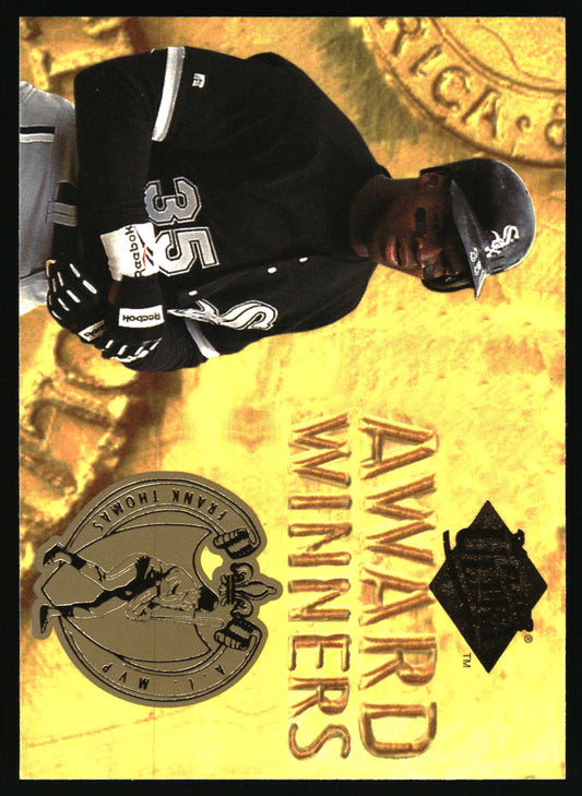 A 1994 Upper Deck award-winning baseball trading card featuring Frank Thomas in a black uniform on a textured gold background with 'AWARD WINNERS' text and a diamond logo.
