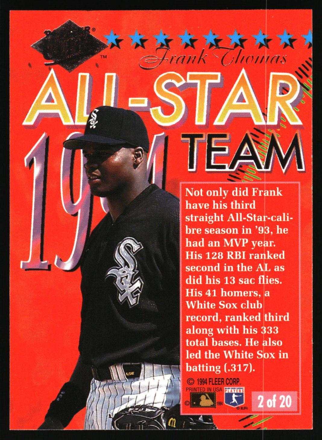 A collectible 1994 Frank Thomas All-Star Team card from the Fleer Sports Card Company. The card features a bright red background with a photo of baseball player Frank Thomas in a black Chicago White Sox uniform, large yellow and white 'ALL-STAR TEAM' text, and white text detailing his 1993 season.