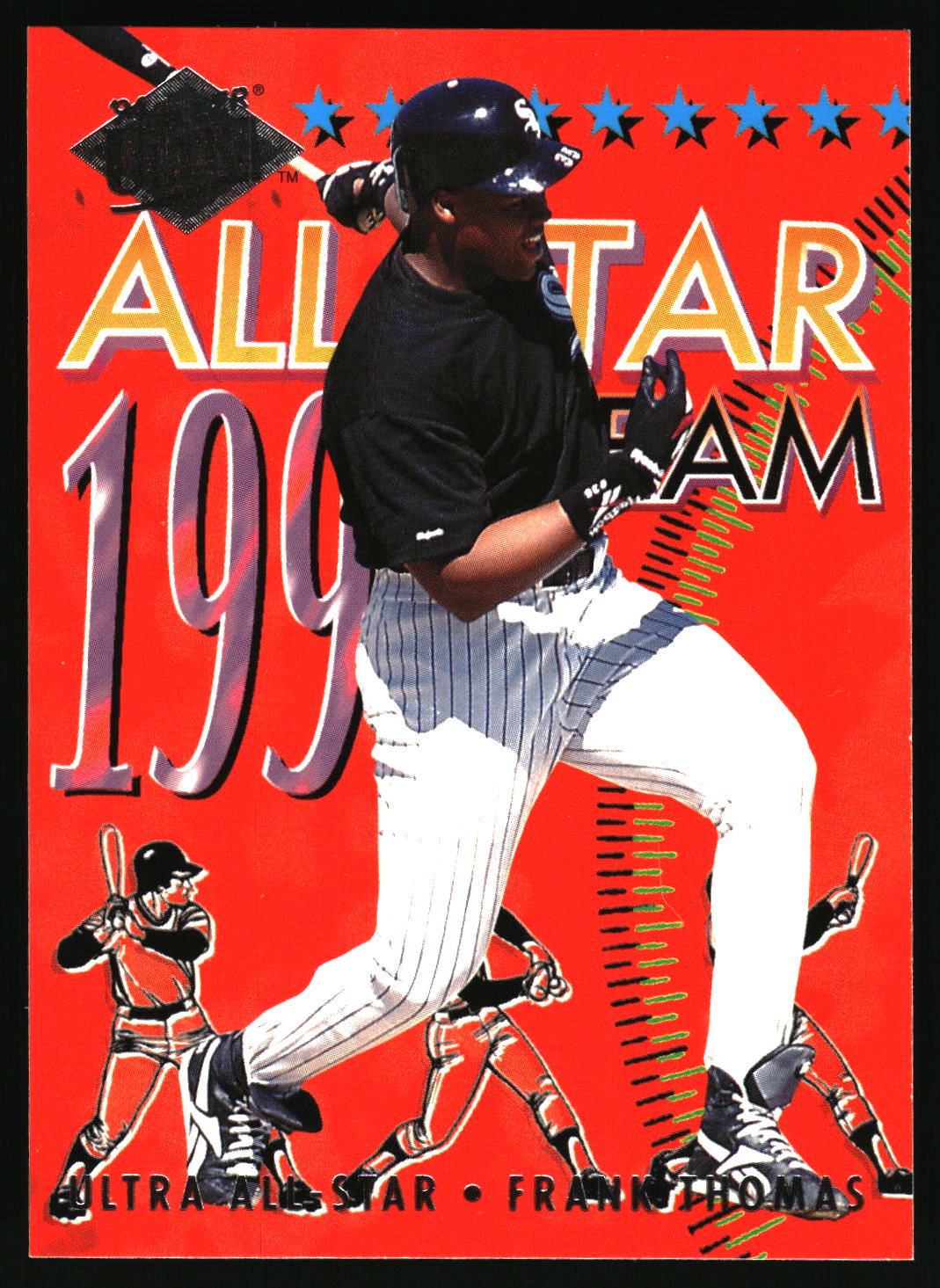 A baseball trading card featuring Frank Thomas in a black and white pinstripe uniform, shown mid-swing against a bright red background with 'ALL STAR 1994' text and illustrated players.