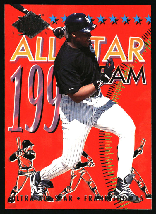 A baseball trading card featuring Frank Thomas in a black and white pinstripe uniform, shown mid-swing against a bright red background with 'ALL STAR 1994' text and illustrated players.