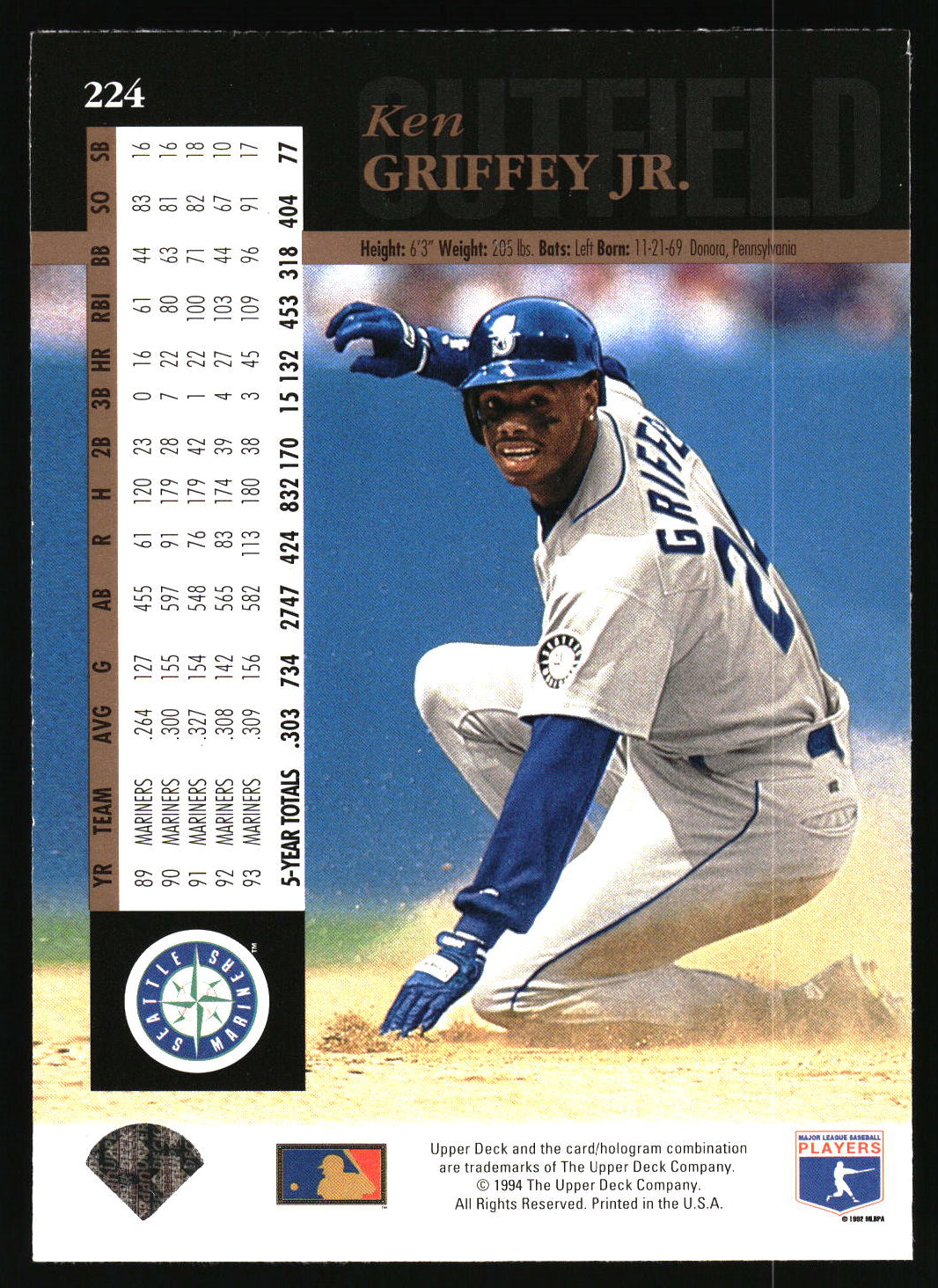 A baseball trading card featuring Ken Griffey Jr. in a dynamic diving pose, with team statistics printed on the right side and a Seattle Mariners logo.