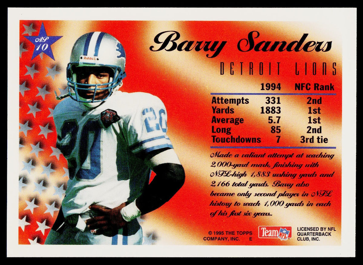 A collectible 1995 Topps Barry Sanders Detroit Lions football trading card, featuring a player photo, team graphic, and career statistics on a red and white gradient background.