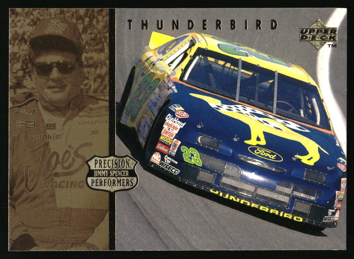 A  Jimmy Spencer Thunderbird racing card. The card features a sepia-toned portrait of driver Jimmy Spencer on the left, and a blue and yellow Ford Thunderbird race car on the right, with 'THUNDERBIRD' printed at the top.
