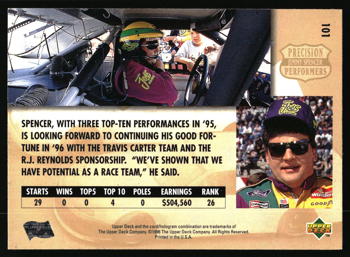A vintage racing trading card featuring Spencer Davis on the front, with a race photo, biographical text, a stats table, and a small portrait inset on a tan cardstock background.