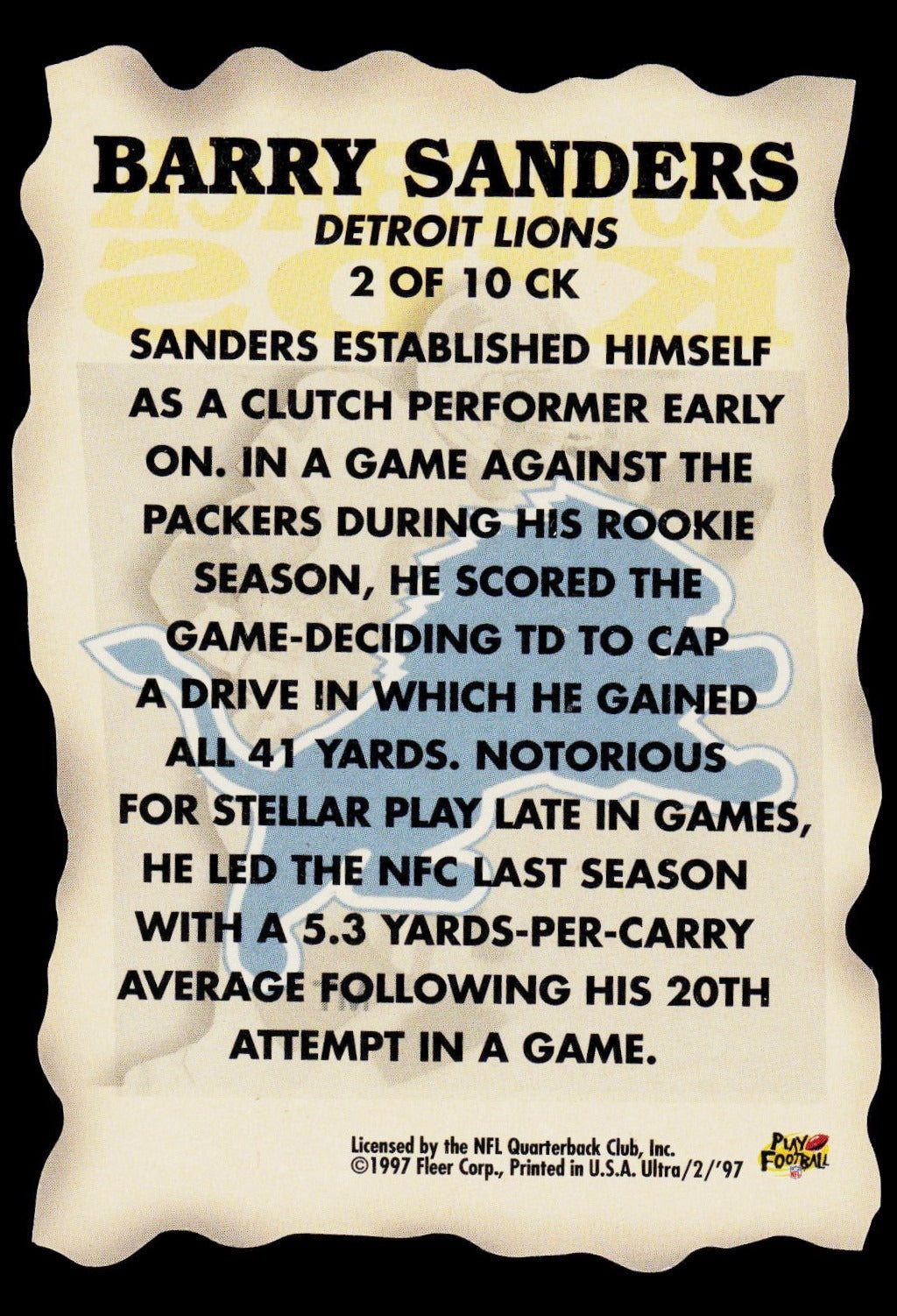 A vintage-style football trading card featuring a black-and-white portrait of Barry Sanders with biographical text about his Detroit Lions career, shown against a black background.