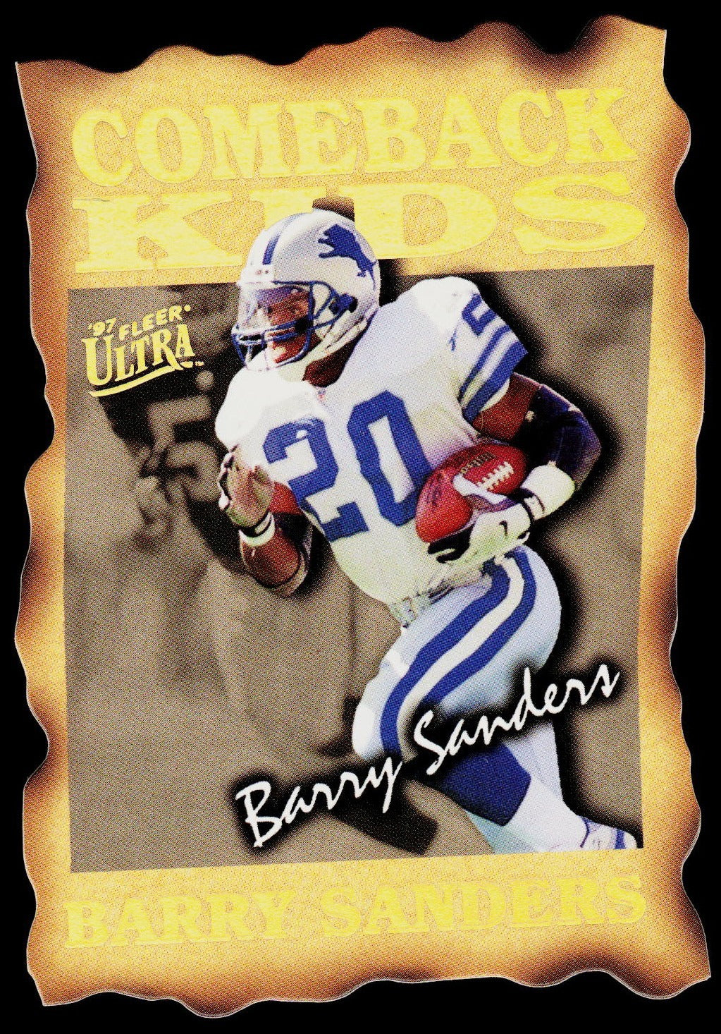 A collectible football trading card featuring Barry Sanders in a white and blue Indianapolis Colts uniform, with a gold 'Comeback Kids' border and 'Barry Sanders' text at the bottom.