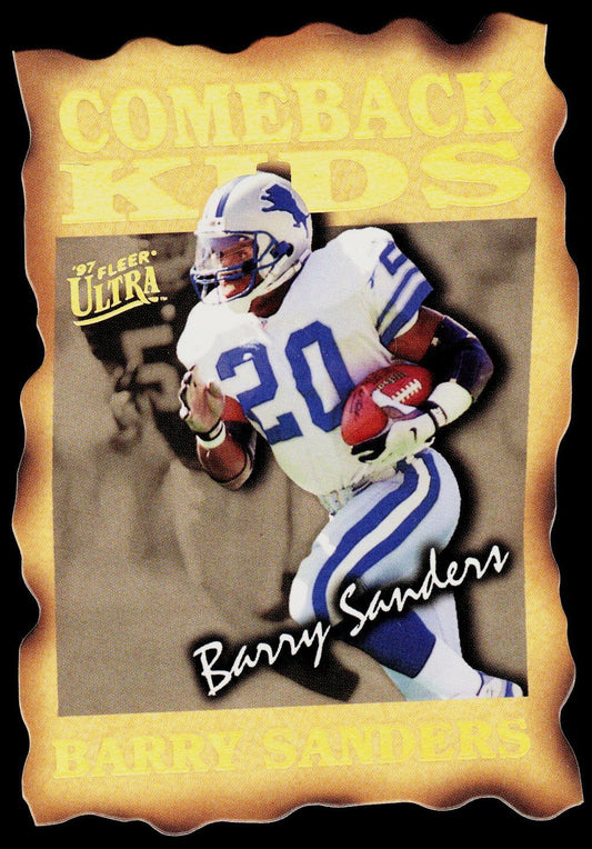 A collectible football trading card featuring Barry Sanders in a white and blue Indianapolis Colts uniform, with a gold 'Comeback Kids' border and 'Barry Sanders' text at the bottom.