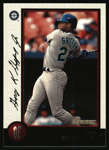 An autographed Seattle Mariners baseball trading card featuring Ken Griffey Jr., with his signature printed vertically on the left side and a 'Bowman' stamp at the bottom.