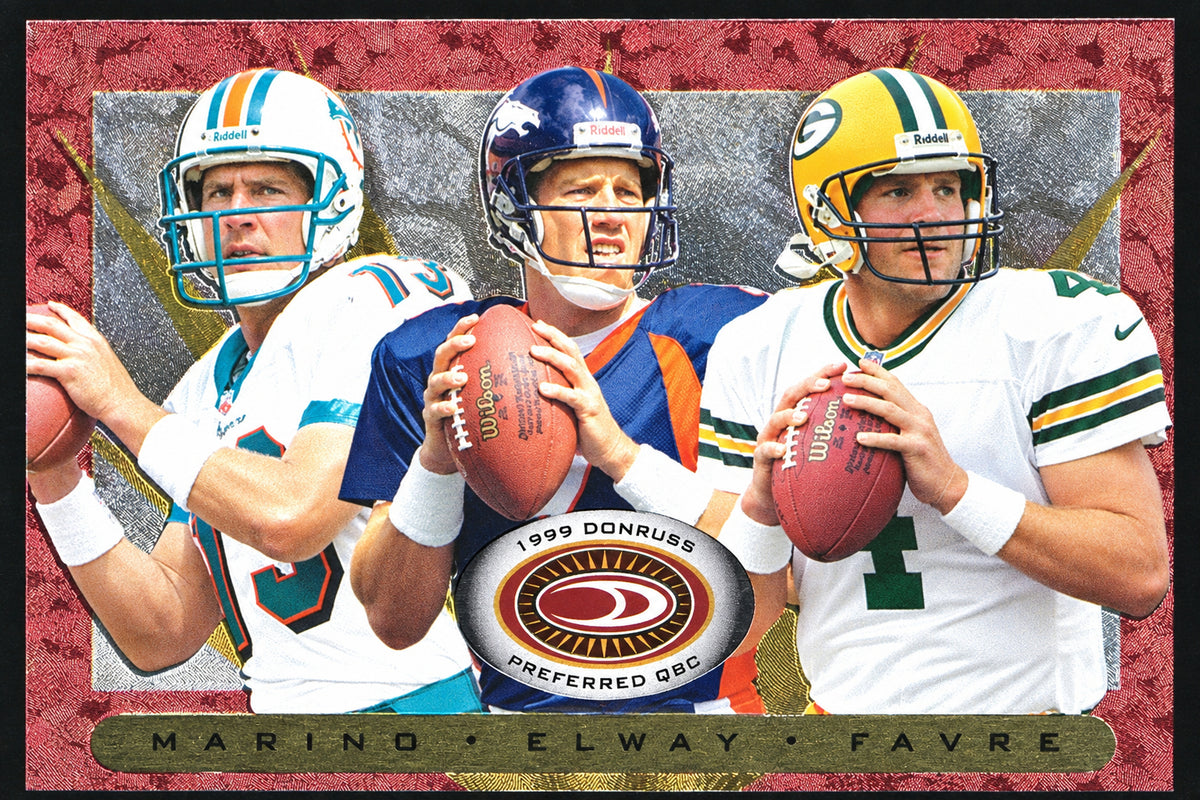 A football trading card featuring a composite photo of three quarterbacks: Tom Brady in Miami, Matt Ryan in Denver, and Aaron Rodgers in Green Bay. The card has a textured dark red border and a black bottom banner with the names 'MARINO', 'ELWAY', and 'FAVRE'.