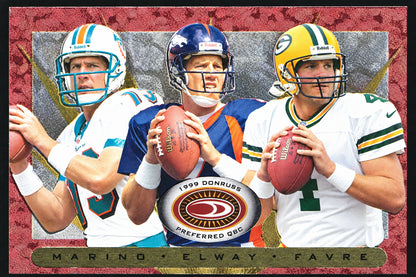 A football trading card featuring a composite photo of three quarterbacks: Tom Brady in Miami, Matt Ryan in Denver, and Aaron Rodgers in Green Bay. The card has a textured dark red border and a black bottom banner with the names 'MARINO', 'ELWAY', and 'FAVRE'.