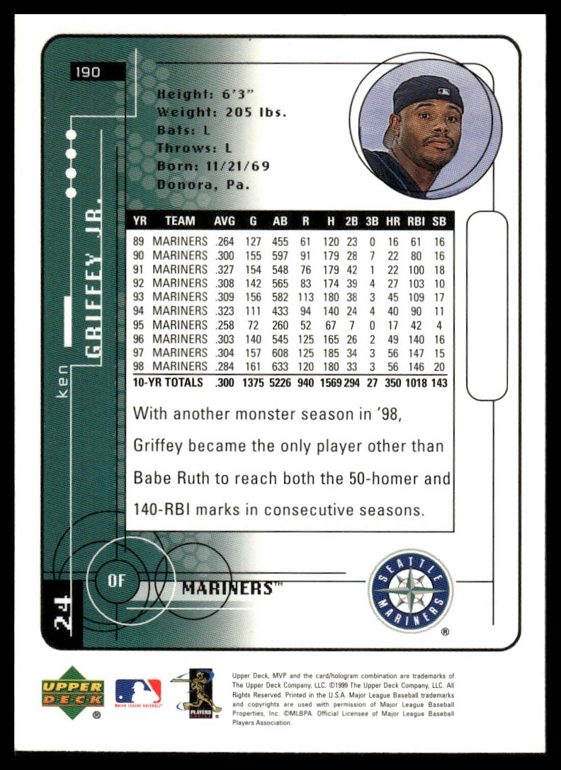 1999 Upper Deck MVP #190 Ken Griffey Jr. Grade 9