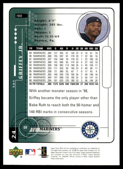 1999 Upper Deck MVP #190 Ken Griffey Jr. Grade 9