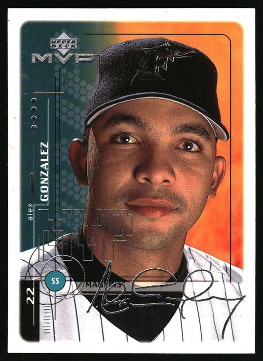 An autographed Alex Gonzalez Upper Deck MVP baseball trading card, featuring a portrait of the player against a split teal and orange background with a black cap and white pinstripe jersey.