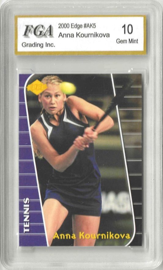 Trading card featuring Anna Kournikova swinging a tennis racquet. Grade 10 GEM MINT