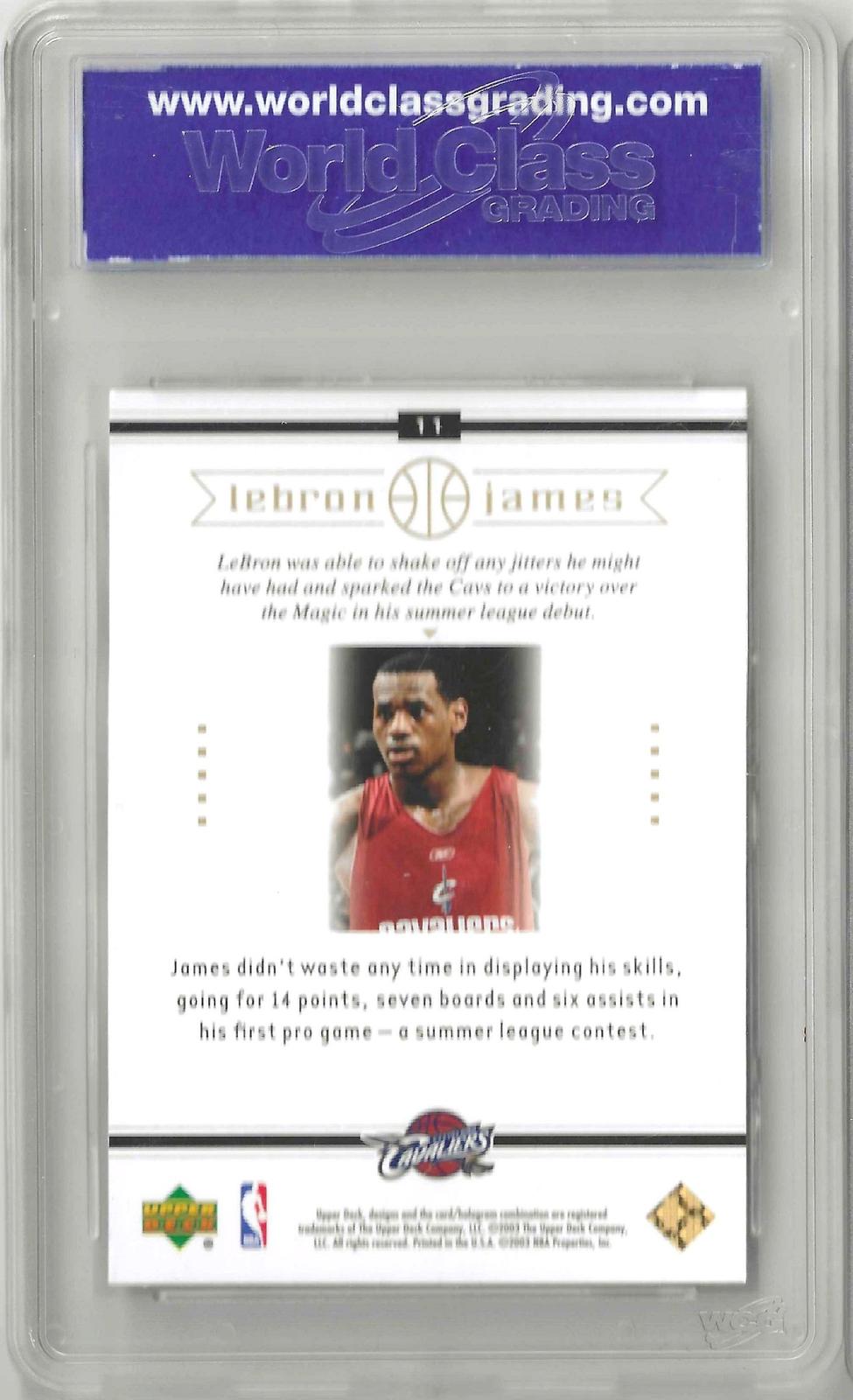 Back of vintage trading card with a small portrait if Lebron James and text on a white background. 