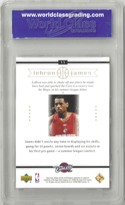 Back of vintage trading card with a small portrait if Lebron James and text on a white background. 