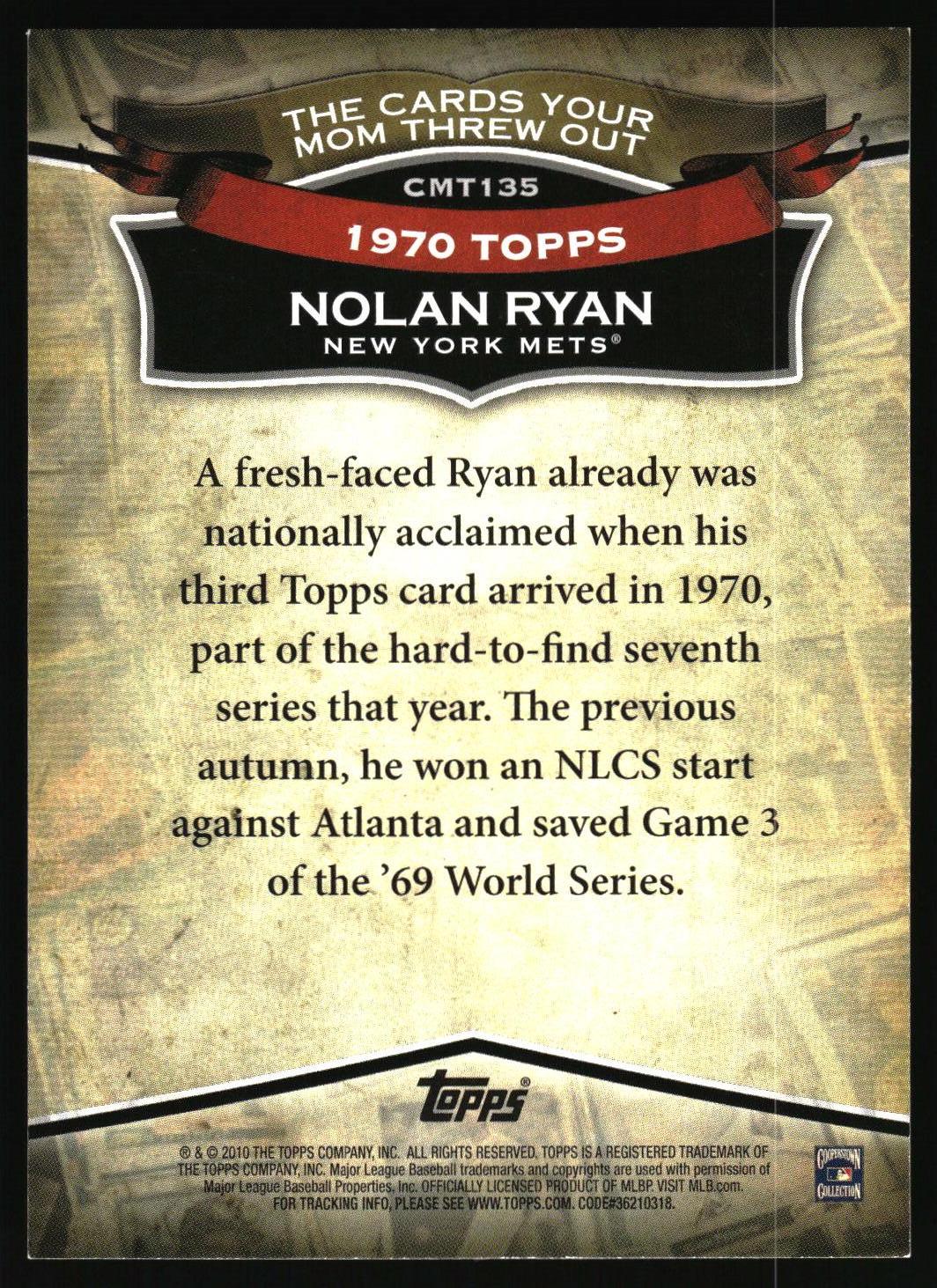 Back of a Topps Nolan Ryan trading card insert or collectible card, featuring a textured tan background, black and red Topps branding, and biographical text about Nolan Ryan for the New York Mets.