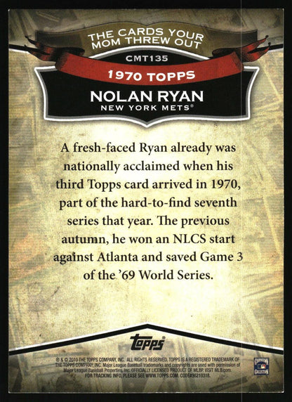 Back of a Topps Nolan Ryan trading card insert or collectible card, featuring a textured tan background, black and red Topps branding, and biographical text about Nolan Ryan for the New York Mets.