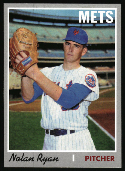A vintage New York Mets baseball trading card featuring player Nolan Ryan in a white pinstripe uniform with blue sleeves and cap, holding a tan baseball glove. The card has 'METS' at the top and 'Nolan Ryan PITCHER' at the bottom.