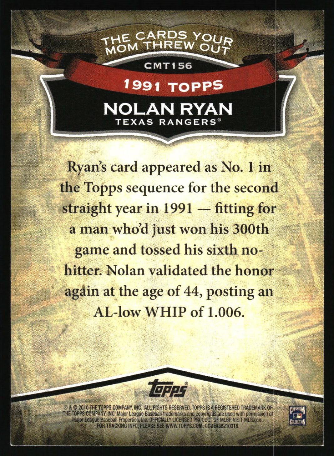 Back of a 1991 Topps Nolan Ryan trading card insert or collectible card, featuring a textured tan and black design with a red banner and biographical text about his Texas Rangers career.