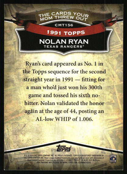 Back of a 1991 Topps Nolan Ryan trading card insert or collectible card, featuring a textured tan and black design with a red banner and biographical text about his Texas Rangers career.