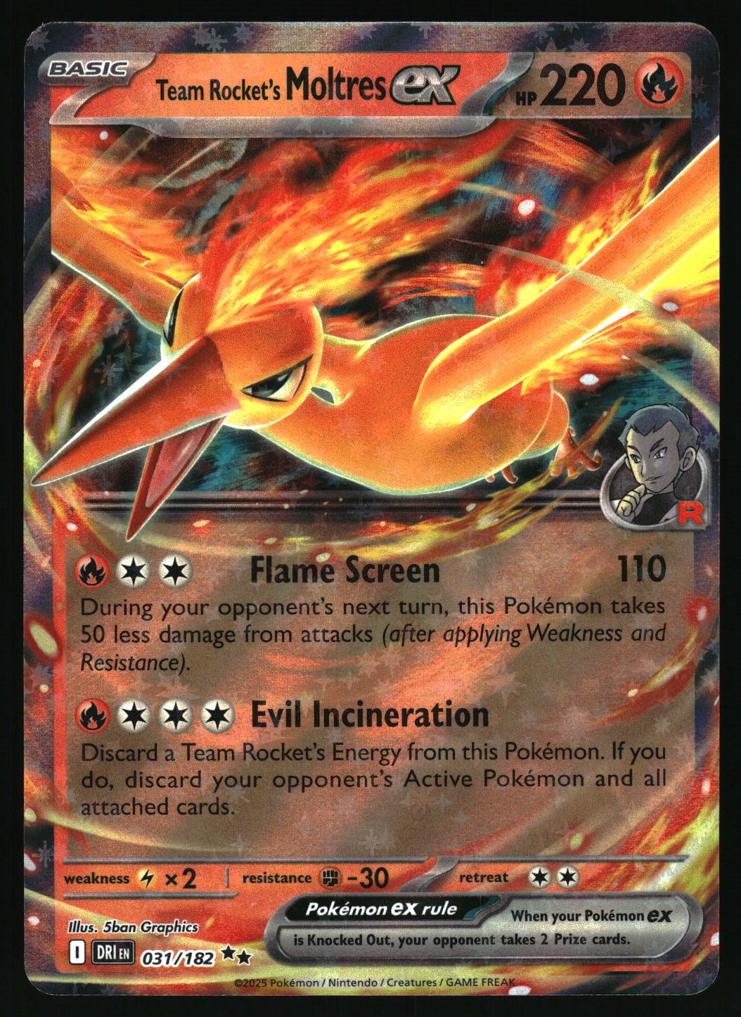Pokémon trading card featuring Team Rocket's Moltres EX with fiery design and character illustration.