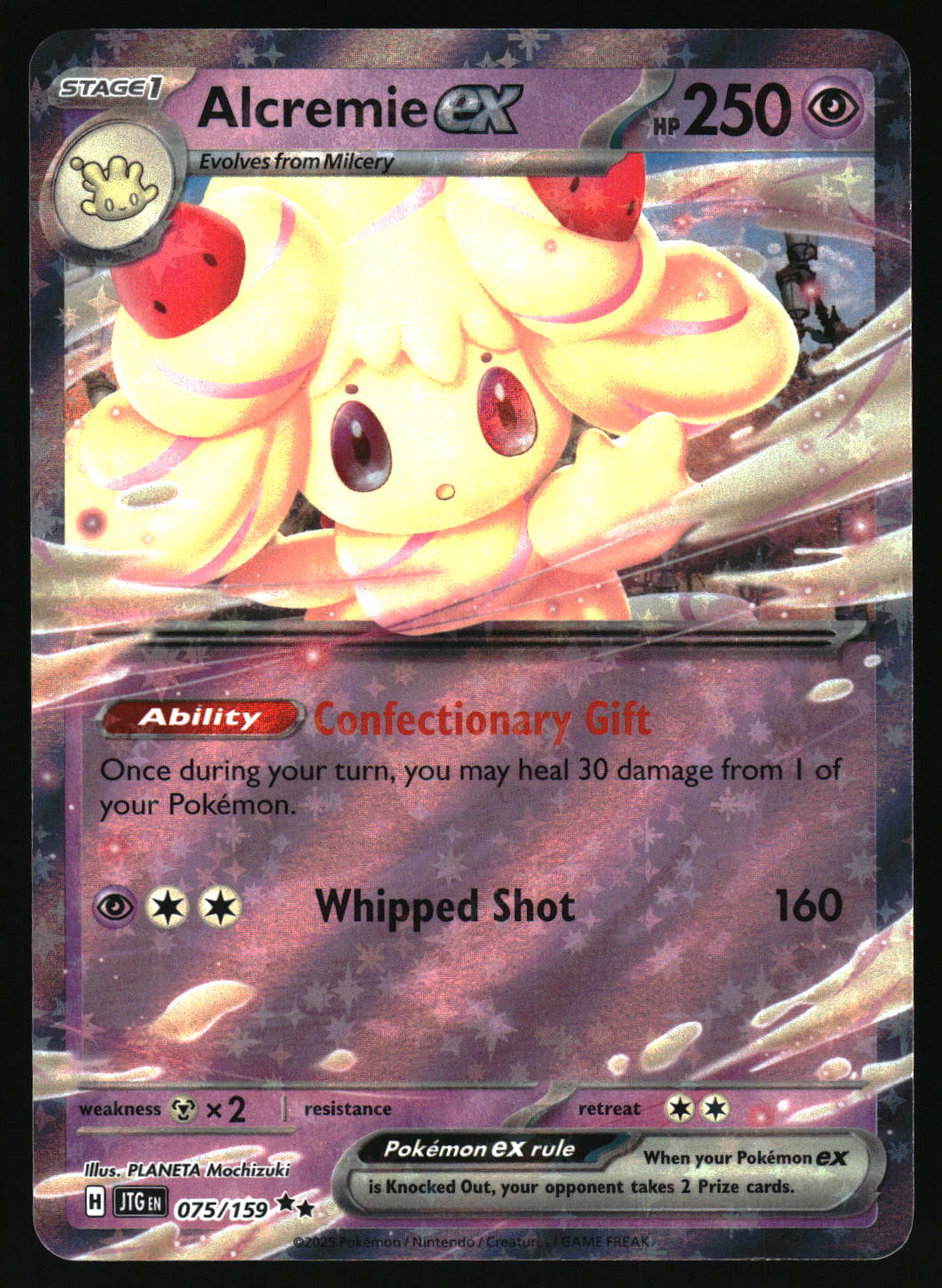 Pokémon trading card featuring Alcremie EX with detailed artwork and text.