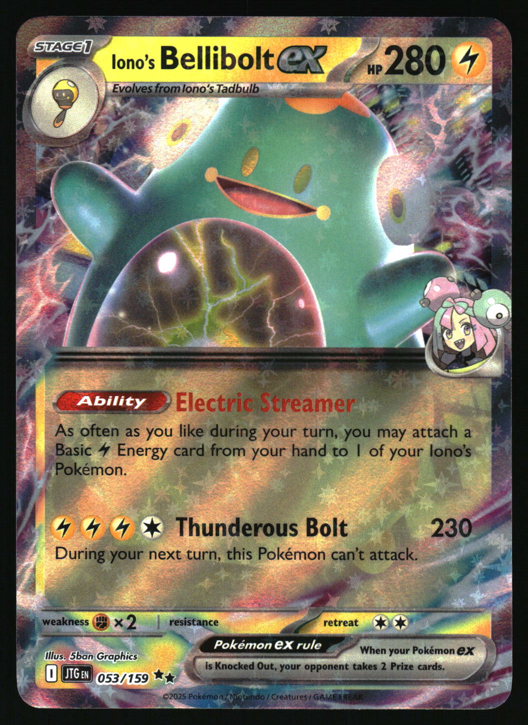 Pokémon trading card featuring Iono's Bellibolt EX with electric streamer ability