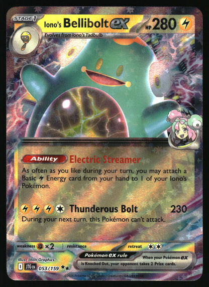 Pokémon trading card featuring Iono's Bellibolt EX with electric streamer ability