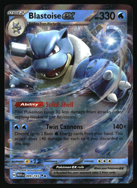 Pokémon trading card featuring Blastoise EX with detailed artwork and text.