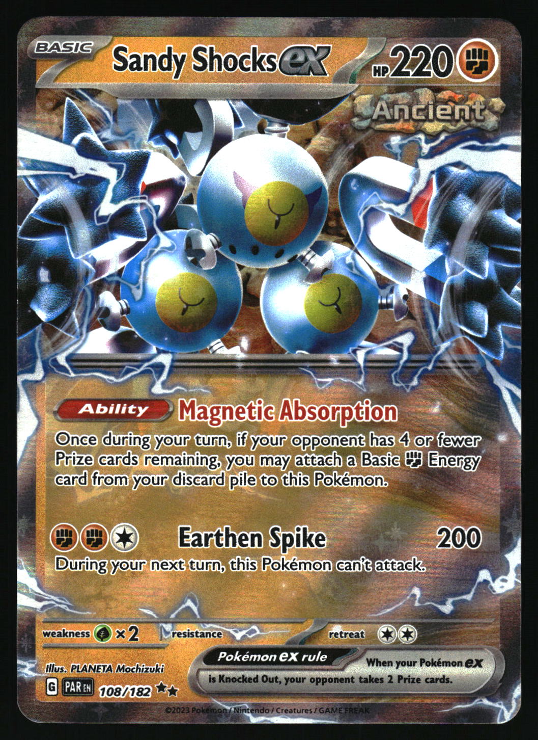 Pokémon trading card featuring 'Sandy Shocks EX' with detailed artwork and text.