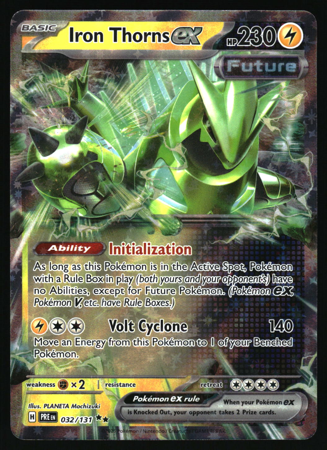 Pokémon trading card featuring Iron Thorns EX with green and black design