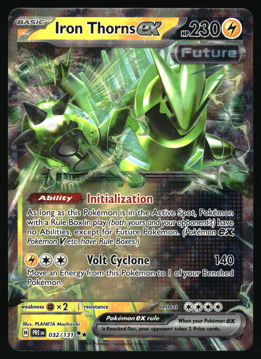 Pokémon trading card featuring Iron Thorns EX with green and black design