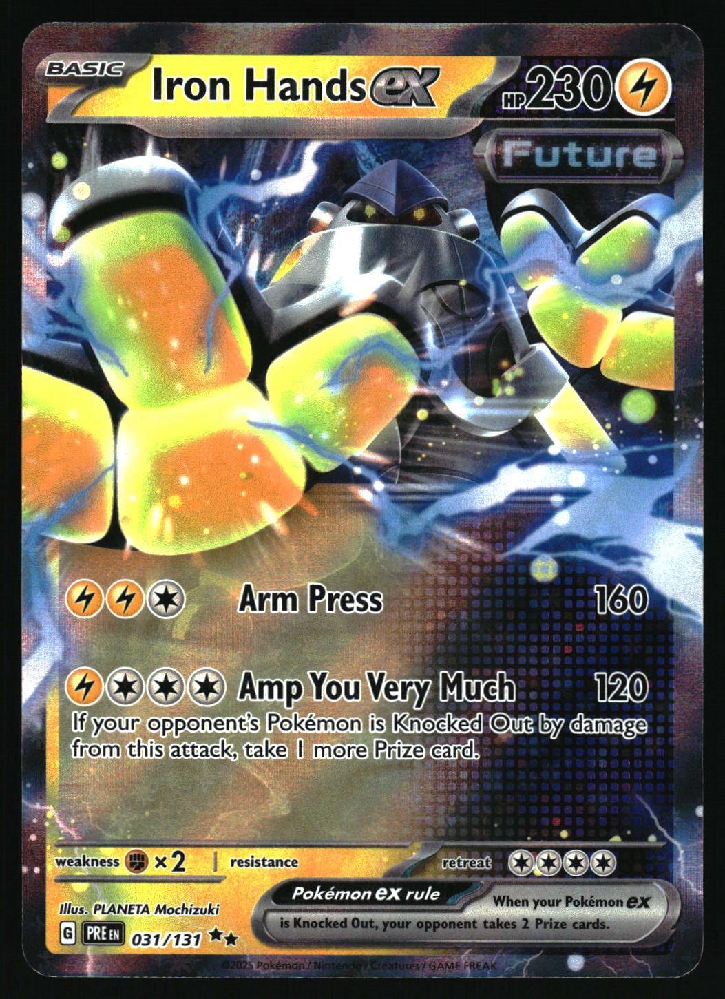 Pokémon trading card featuring 'Iron Hands' with colorful design and text.