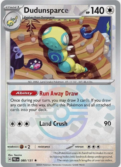 Pokémon trading card featuring Dudunsparce with artwork and text details.