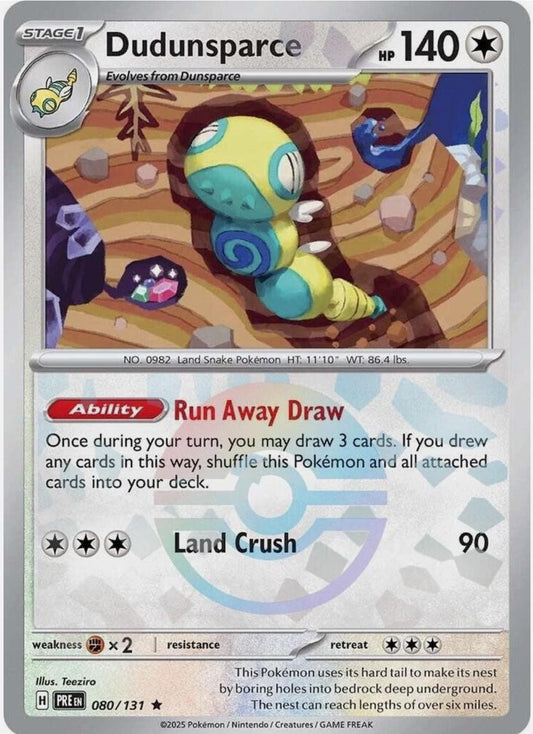 Pokémon trading card featuring Dudunsparce with artwork and text details.