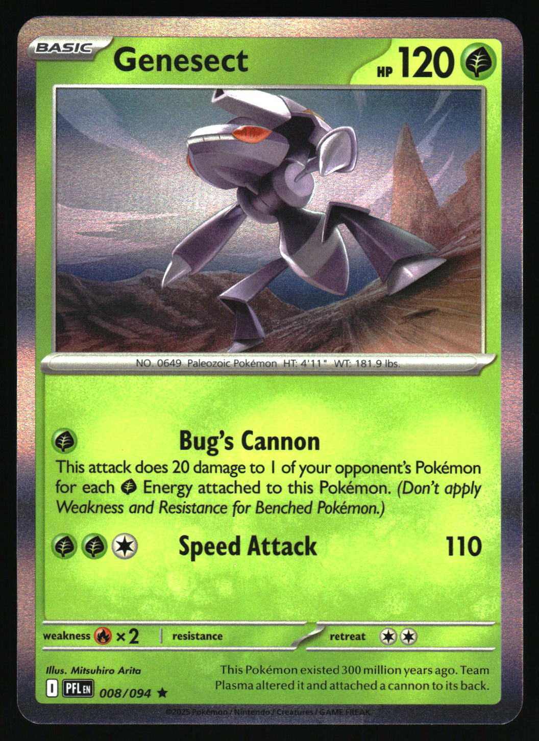 Pokémon trading card featuring Genesect with a scenic background