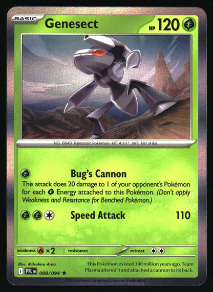 Pokémon trading card featuring Genesect with a scenic background
