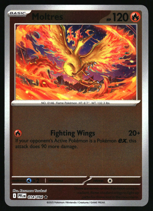 Pokémon trading card Moltres a fiery creature with text and graphics