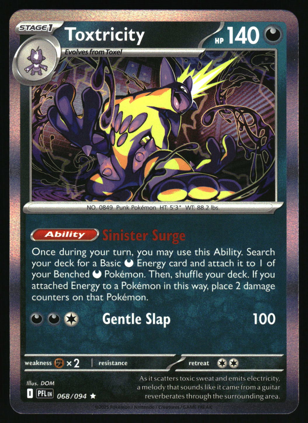 Pokémon trading card featuring Toxtricity with detailed artwork and text.
