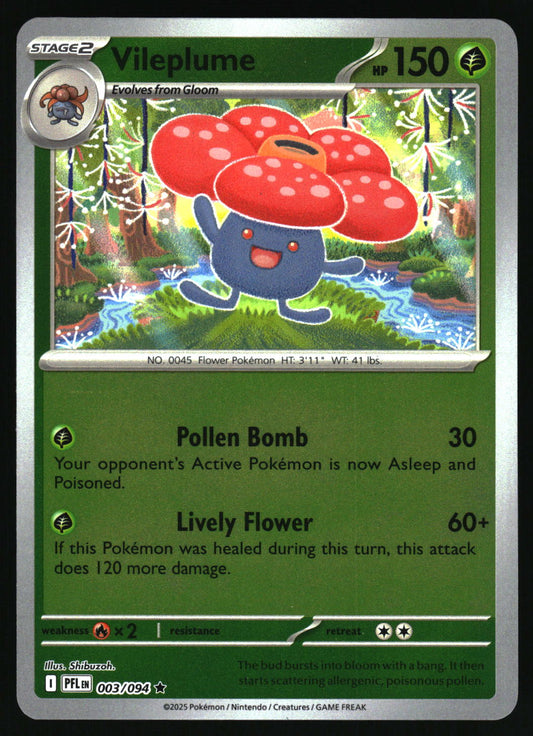 Vileplume Pokémon trading card with red flower hats and green background