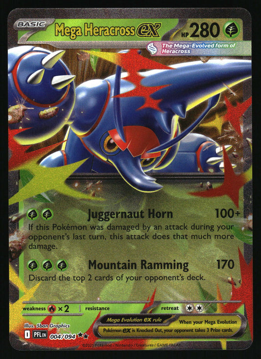 Pokémon trading card featuring Mega Heracross ex with detailed artwork and text.